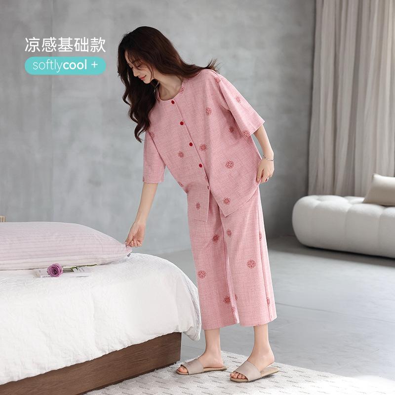 Pajamas women's pure cotton summer five-point-sleeved seven-point pants summer cool thin cotton half-sleeved large-size mother loungewear