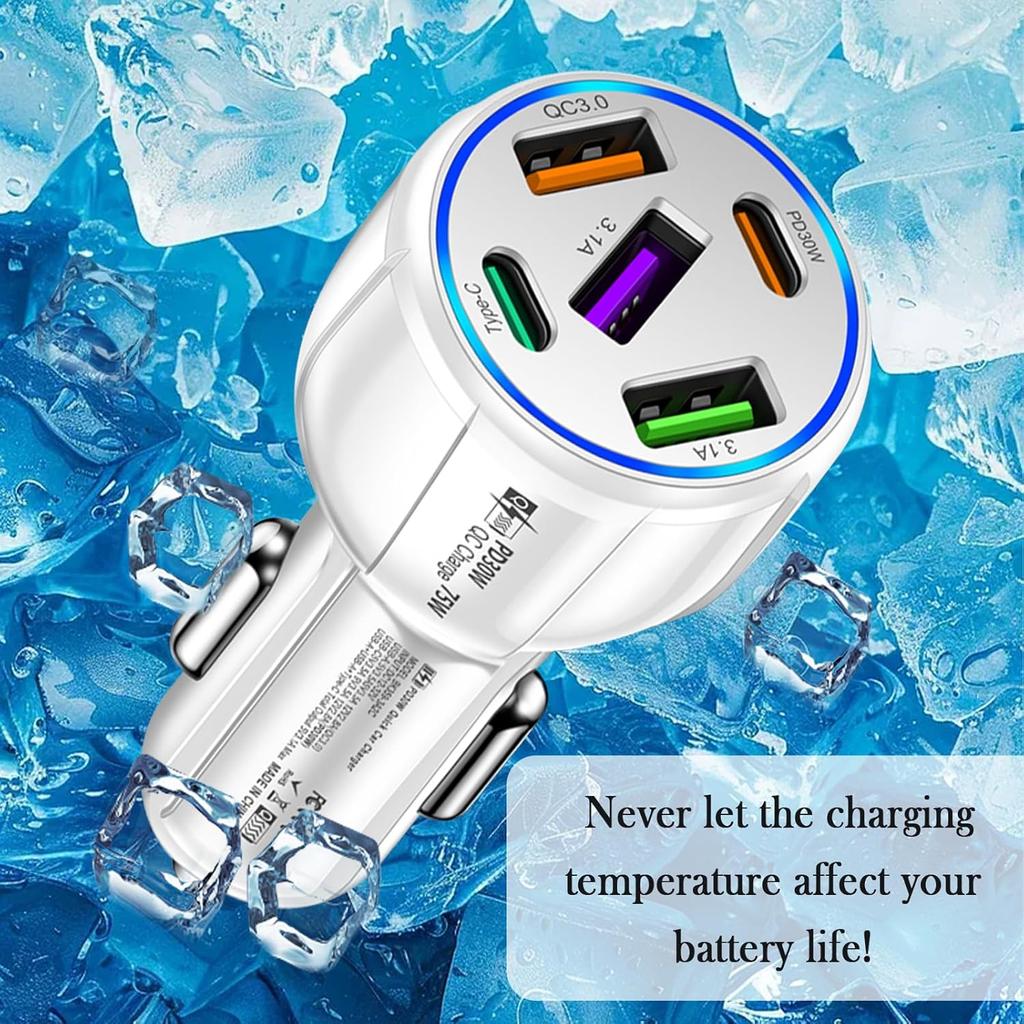 5 Port Fast Car Charger Adapter,12-24V Car Charger USB C & 30W QC3.0/3.1A Port with Reinforced Contacts & Lighting,75W Vehicle Accessories Cigarette