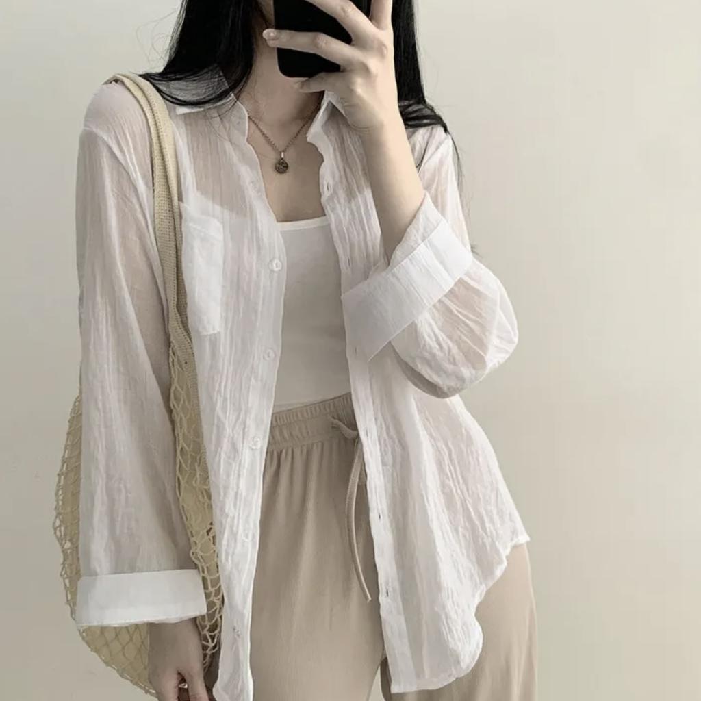 Summer Ice Cream Color Loose Long Sleeve Women's Shirt Sun Protection Folded Design Commute Style Thin Material Pure Color