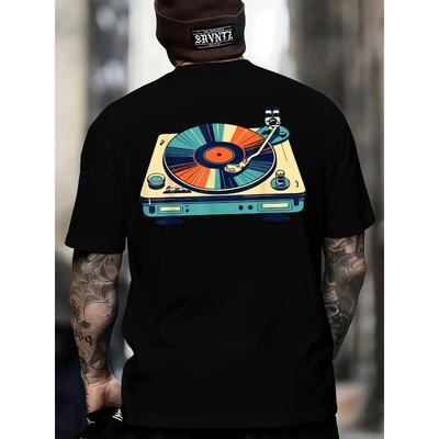 European Sizes Men's Vintage 80s 90s Retro Music Tee - Heavyweight Black T-Shirt with Back Print - Turntable Graphic Shirt for DJs