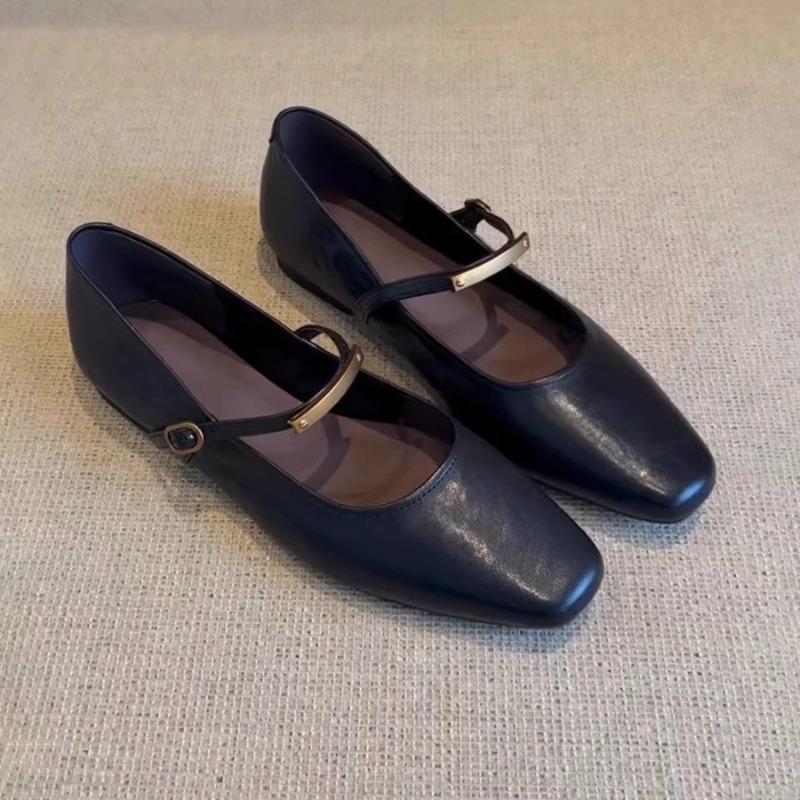 Retro One-word Buckle with Mary Jane Shoes Women's New Square Head Flat-soled Single Shoes Low-heeled Small Leather Shoes