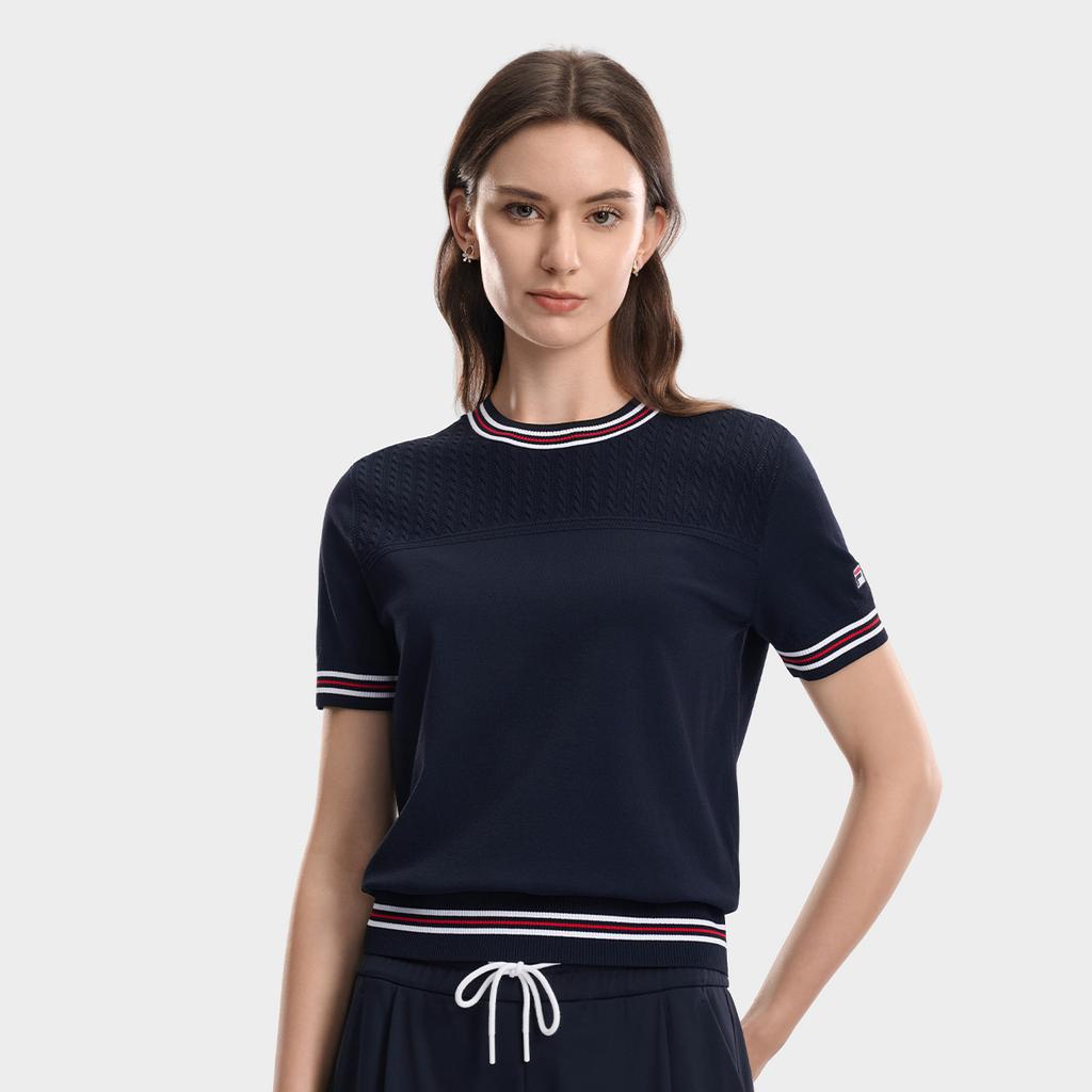 FILA Heritage Color Block Crew Neck Short Sleeve Knit Top Women tops F11W638418F-DB