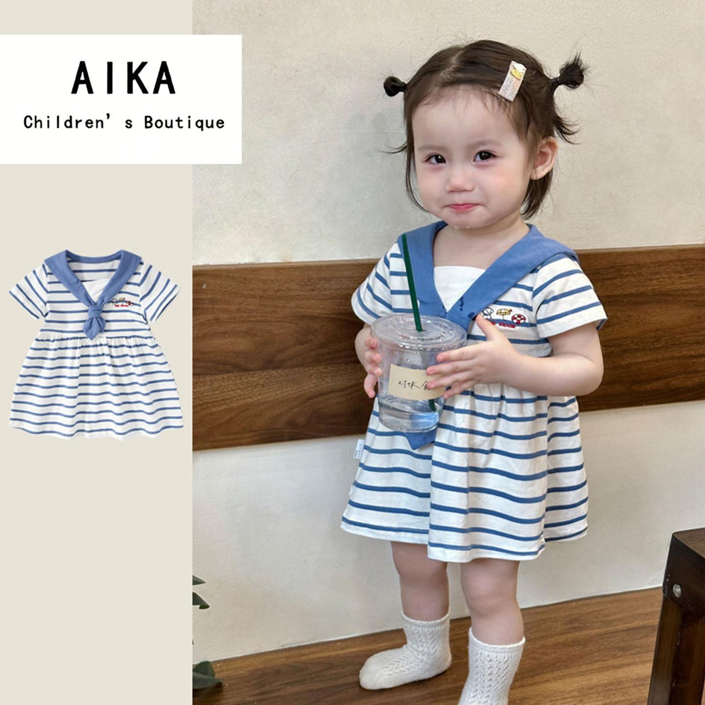 Girls Summer Cotton Navy Collar Striped Short Sleeve Dress Baby Toddler Princess Skirt 73