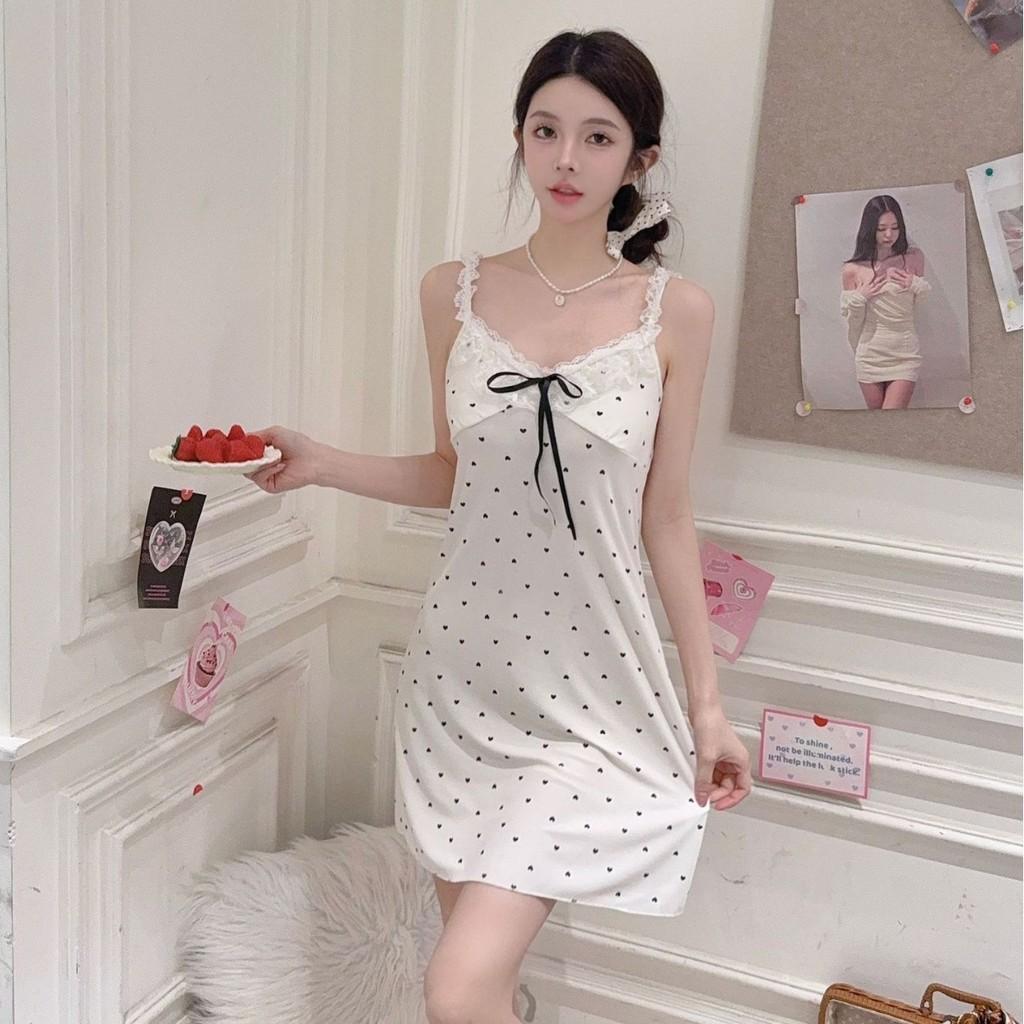 Ice Silk Sleep Dress For Women With Vneck Sleeveless Cute Heart Pattern Summer Nightwear