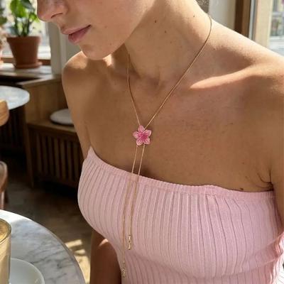 Sweet Pink Flower Long Tassel Necklaces for Women Minimalist Metal Snake Bone Chain Pull Necklaces Aesthetic Party Jewelry