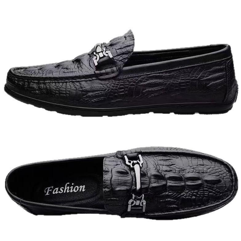 Italian Men's Crocodile Pattern Casual Leather Driving Shoes, Black.