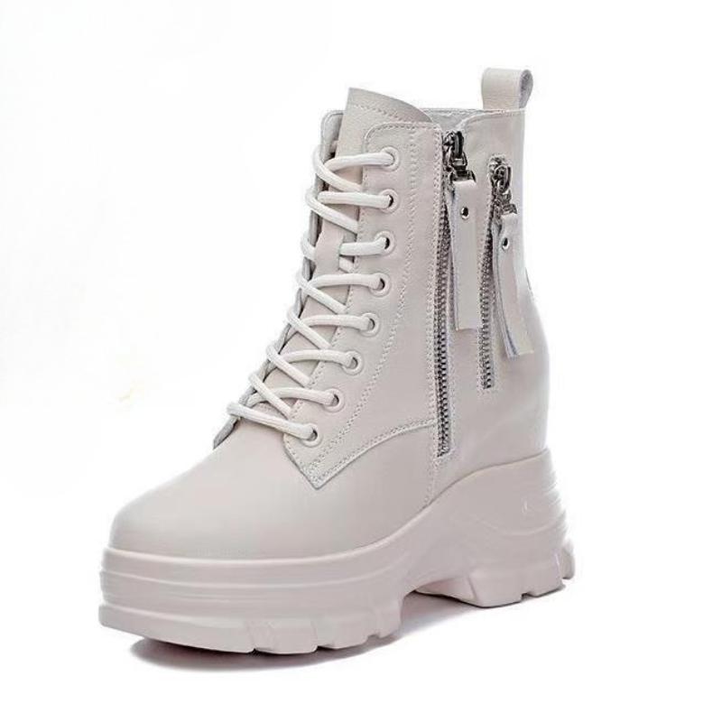 Fashion 2025 New 9cm Autumn Winter Warm Ankle Boots For Women Real Cowhide Solid Color Height Increasing Wedges Platform Short Boots