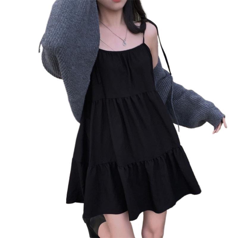 Elegantes Camisole-Kleid im französischen Stil mit Schnürung in Übergröße - Schwarzer kurzer Rock