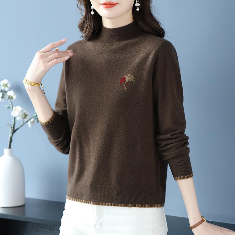 Women's Pure Wool Half-High Collar Knit Sweater - Stylish, Warm, Age-Reducing Pullover for Autumn and Winter