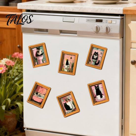 Small Picture Frames for Fridge Funny Wooden Magnets Frame, Retro Cute Cat Pattern Magnetic Refrigerator Style Interior Decoration Locker Magnet Photo