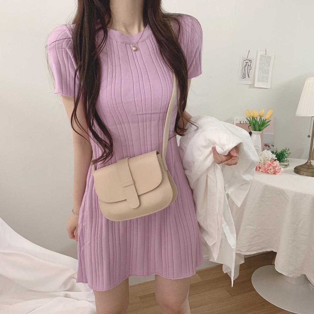 Korean Chic Ribbed Ice Silk Slim Fit Bodycon Knit Dress - Women's Short Sleeve, Round Neck