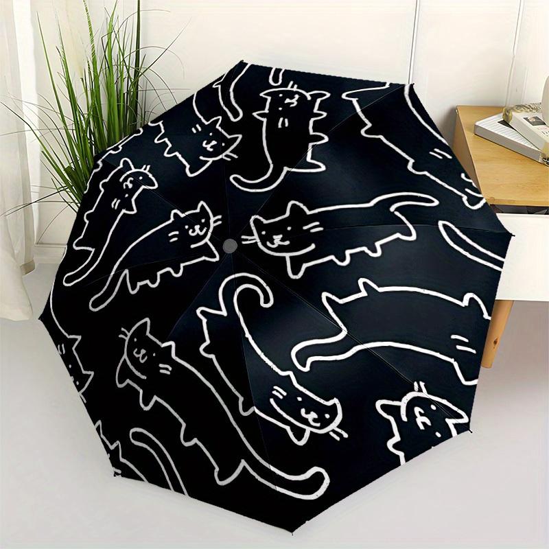 1pc Cat Pattern Automatic Open/close Folding Compact Umbrella, 8 Rib Sturdy Canopy, Lightweight Portable, Everyday Use, Gift,,077