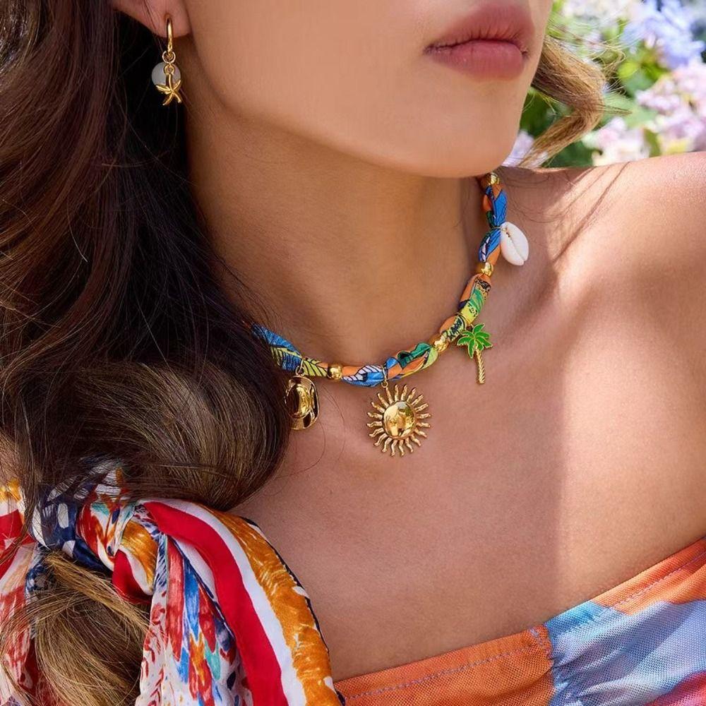 Oil Drop Pendant Scarf Necklace Multi-charm Oil Drop Pendant Necklace  Resort Style