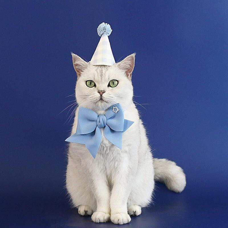 Birthday Hat For Cat Dog Collar Cat Hats Cute Pet Headwear Adjustable Bow Tie Small Dog Hat Plaid Hat Costume Decorations