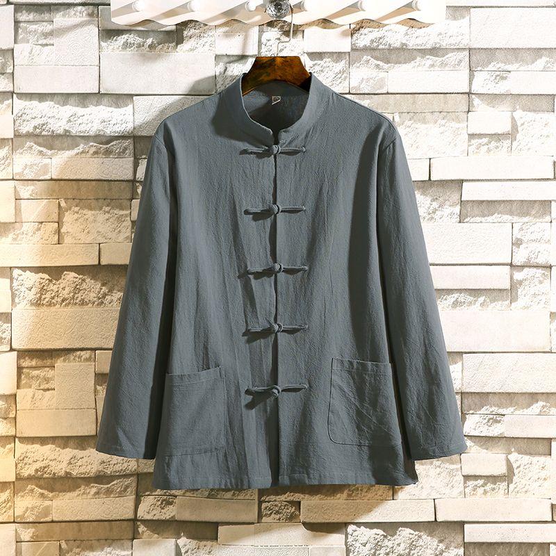 XXXXXL Übergröße Herren Baumwolle Leinen Shier Frühling Herren Kragenlos Langarm Froschknopf Locker Bluse Tops Übergroß XS-5XL