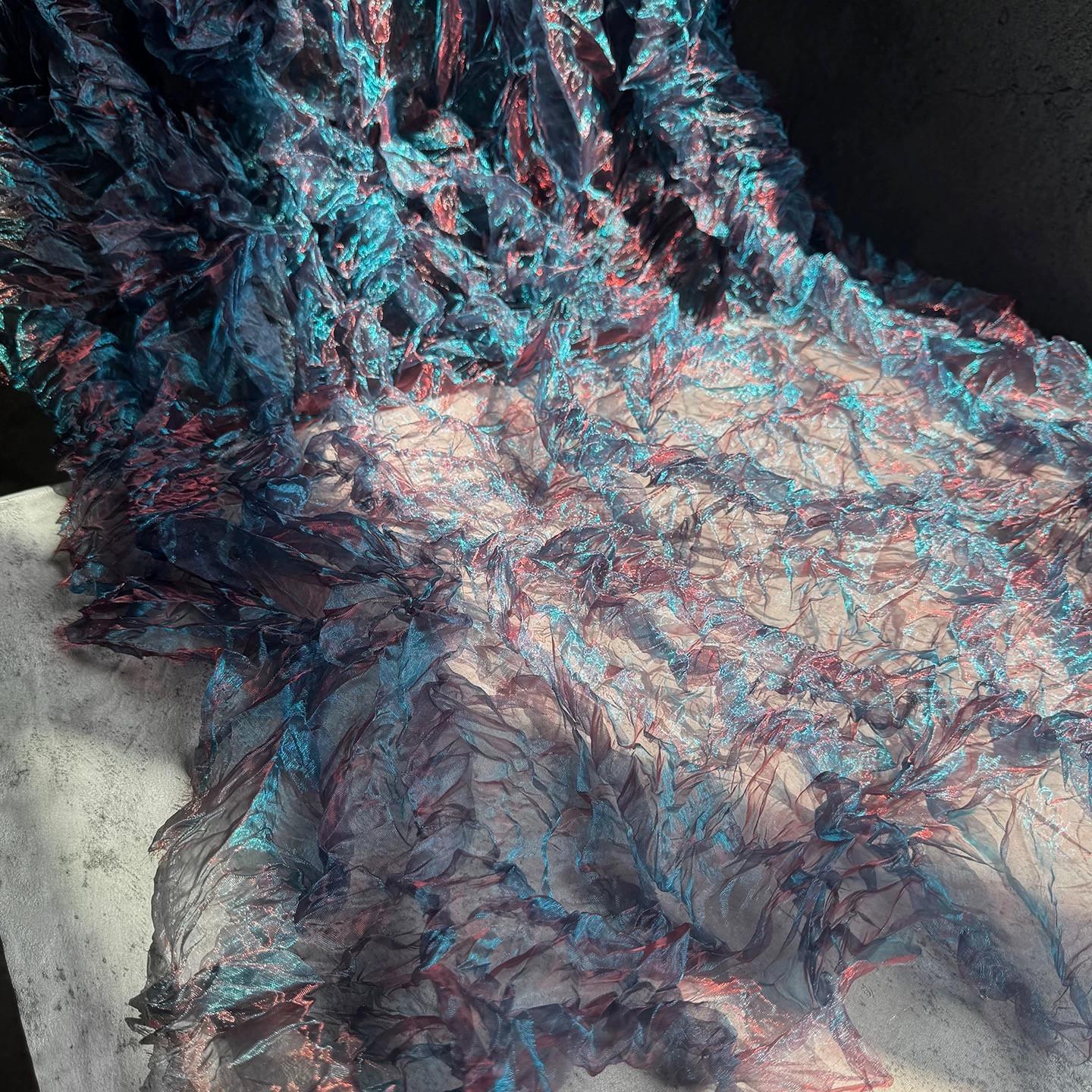 

Dream Color Pleated Crystal Organza Three-dimensional Texture Mesh Fabric DIY Sewing Decoration Cloth Background Matrerial 140cm&100cm синий