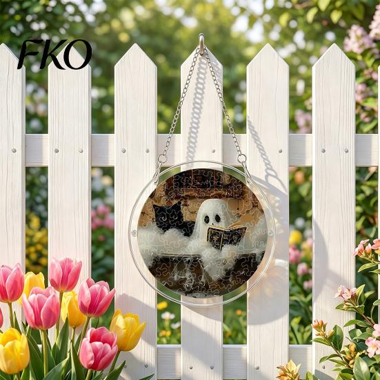 Clear Acrylic Halloween Hanging Suncatcher Jigsaw Puzzle Set, Spooky Ghost Floral Meadow Window Ornament with Metal Stained Glass Frame &