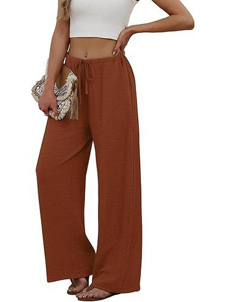 European & American Women's Casual Solid Wide-Leg Beach Pants with Elastic Waist & Pockets