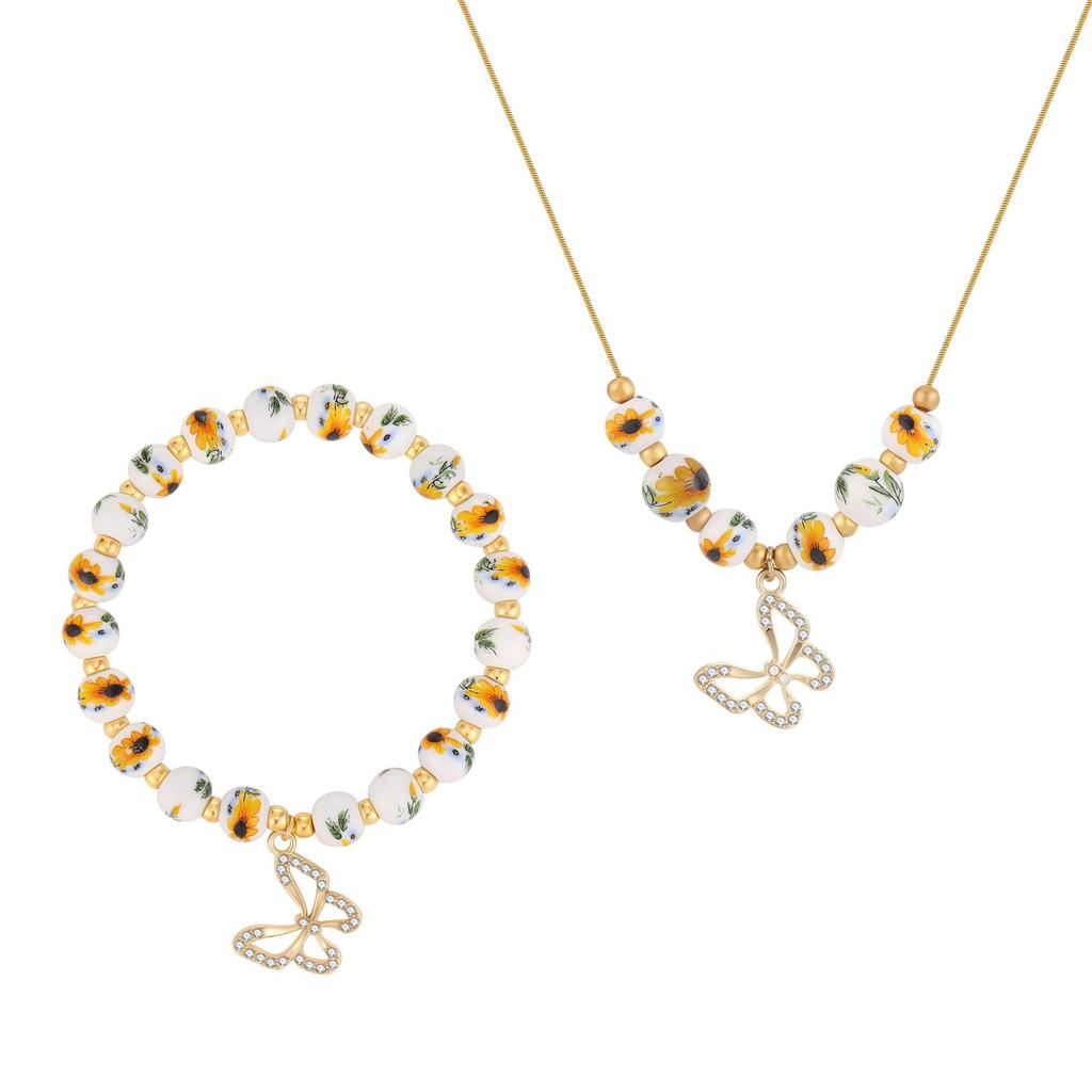 Bow Bracelet Necklace Set 14K Gold Beaded Flower Vintage Stretch Bracelet Dainty Bow Pendant Choker Jewelry Gift for Women Girls
