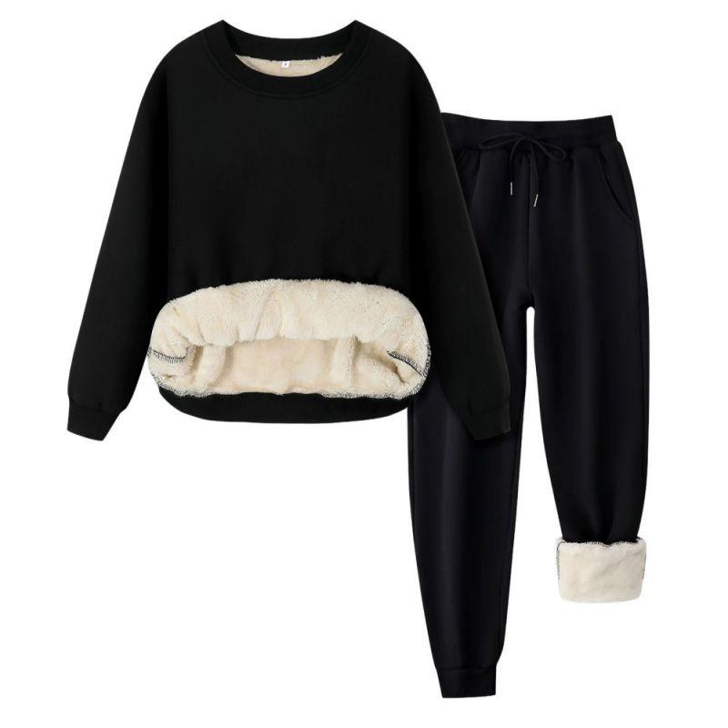 Set de iarnă pentru femei, cu gât rotund, căptușit cu fleece, îngroșat, cald, set de hanorac și pantaloni de trening