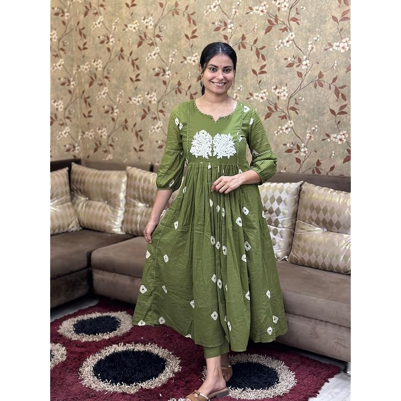 Gosriki Women' Rayon Blend Anarkali Printed Kurta With Pant (Anveshi MethiVks01Gs Green Small)