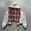 Moletom Masculino com Capuz e Zíper Reversível Patchwork Xadrez Inverno Casual Corte Solto