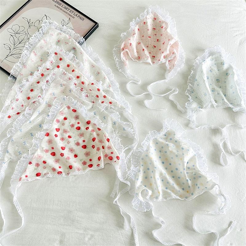 

New Korean Lace Red Strawberry Cherry Hair Scarf Tie Bandanas Headband Beach Style Triangle Scarf For Women Hair Accessories рожевий