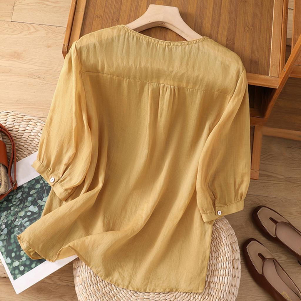 Women's Solid Color Cotton And Linen Short-sleeved Embroidered Retro Breathable T-shirt Round Neck Top