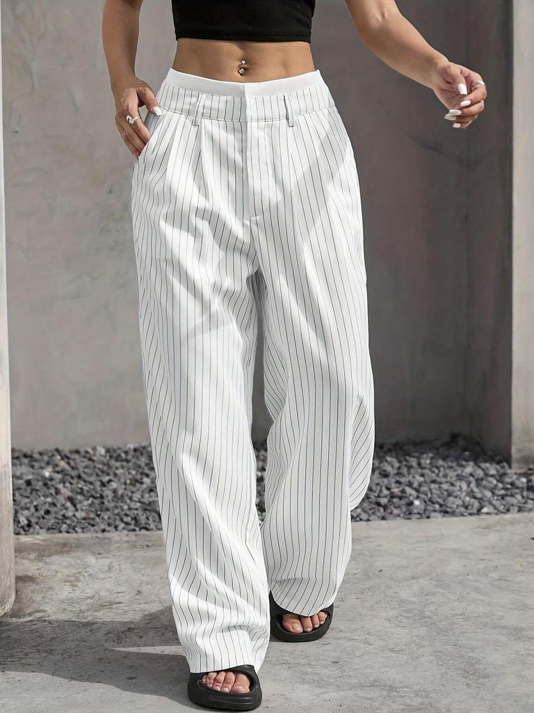 Women's High Waist Wide Leg Pants with Pleated Detail and Contrast Waistband
