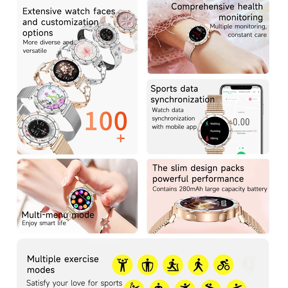 Sleep Health Monitor Women Smartwatch Information Push Blue Tooth Call Smart Watch Sports Fitness Music 1.19 Inch Amoled Screen