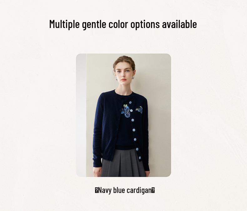 Lekasha Women's 100% Cashmere Embroidered Cardigan - Autumn/Winter Round-Neck Knit Jacket