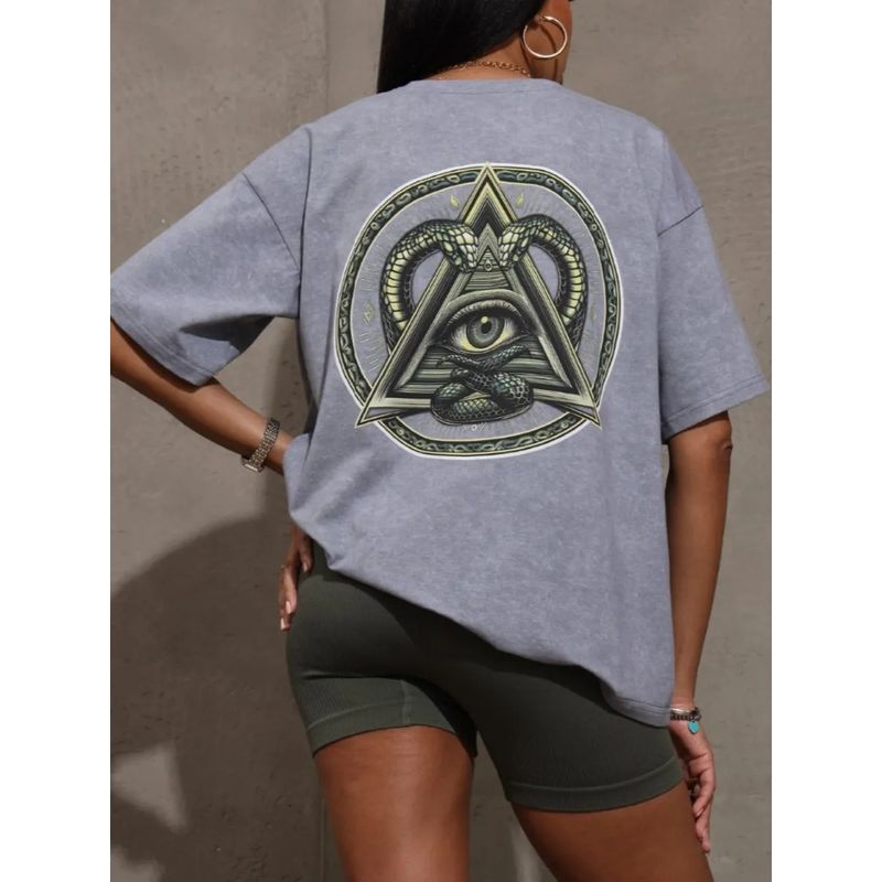 Western Style Distressed Washed Print Cotton T-shirt Top Loose Printed Cotton T-shirt Top