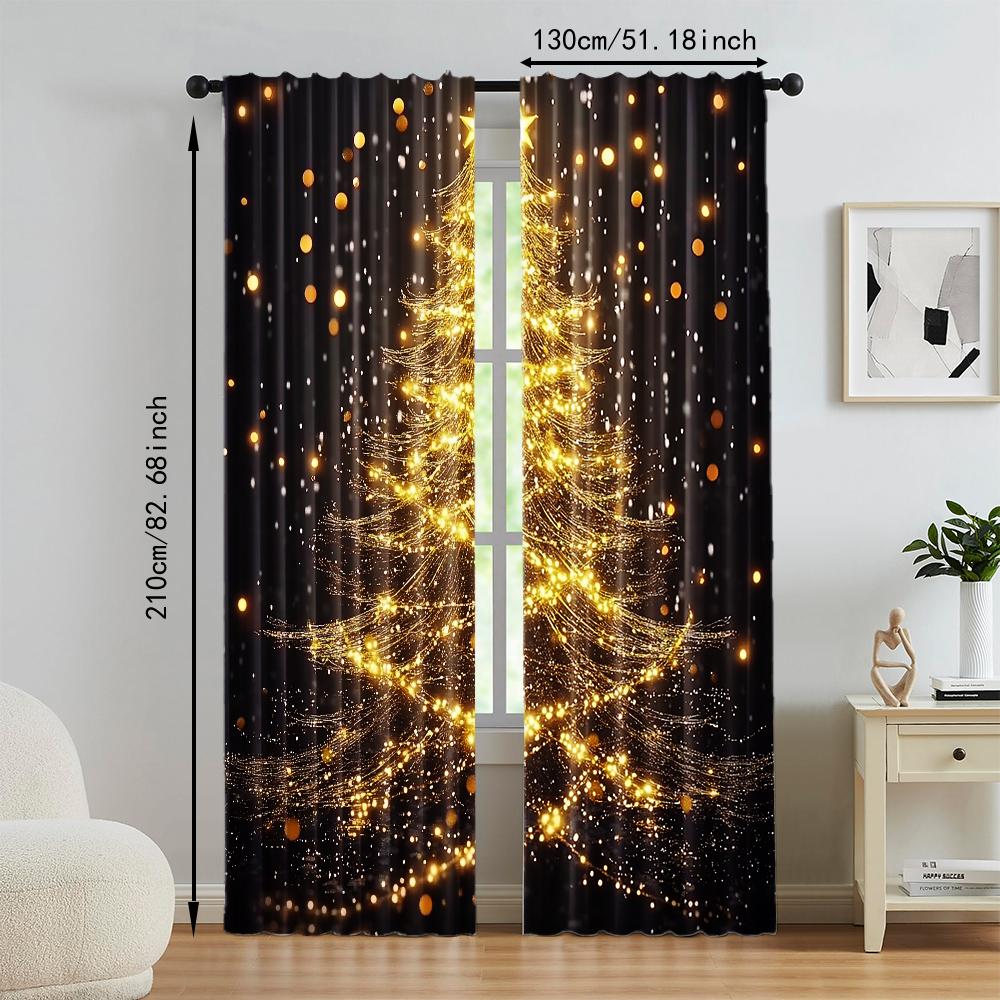 Christmas Tree Print Curtains Rod Hole Design For Easy Hanging Perfect For Living Room Bedroom Office Polyester Home 2Pcs Golden