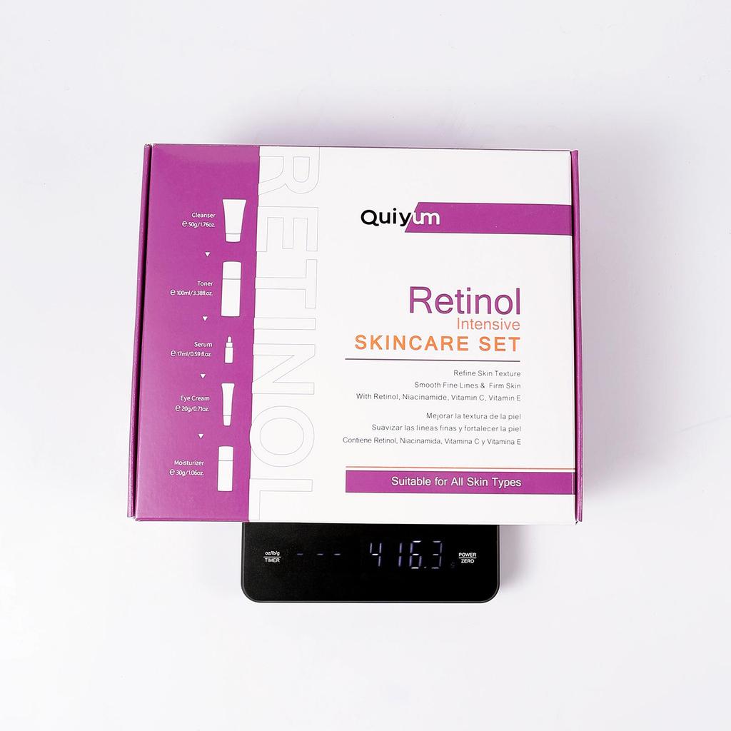 QUIYUM Retinol Hydrerende og Fuktighetsgivende Hudpleiesett – 5 Deler, FDA Godkjent