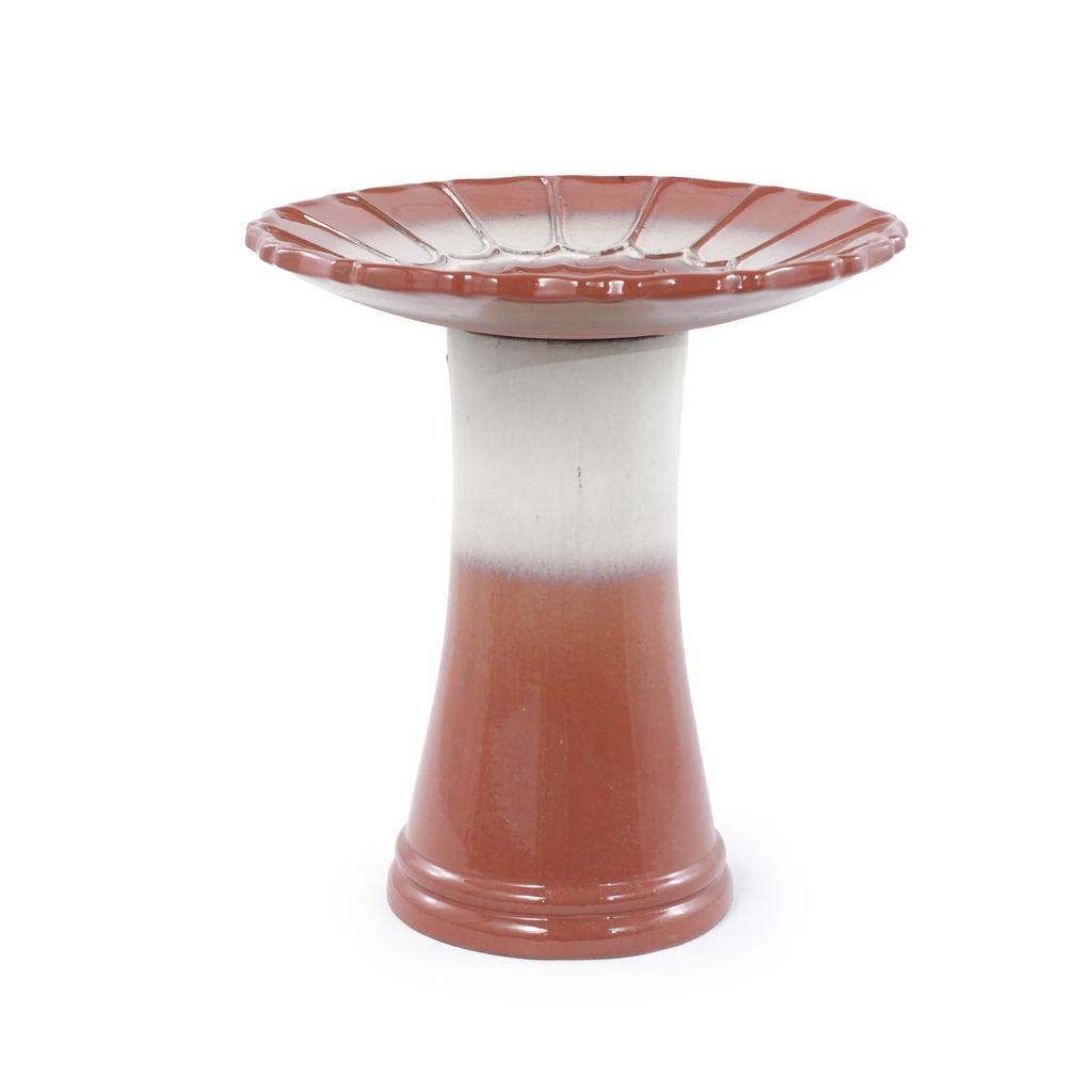 Handmade Ceramic Bird Bath (diameter 43 Cm, Height 45 Cm), Reddish-Brown-White Glaze, Weatherproof and Frost-Resistant, for Garden