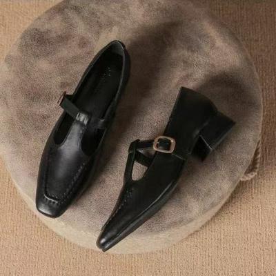 Automne chaussures T rétro à bout souple talon moyen tempérament boucle confortables talon épais chaussures simples femmes