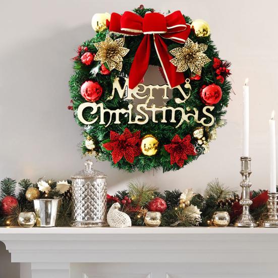 Vánoční věnec na vchodové dveře Ručně vyráběný Umělý zelený věnec s šiškami Červené bobule Baňky Ozdoby pro Vnitřní Venkovní Sváteční Dekoraci