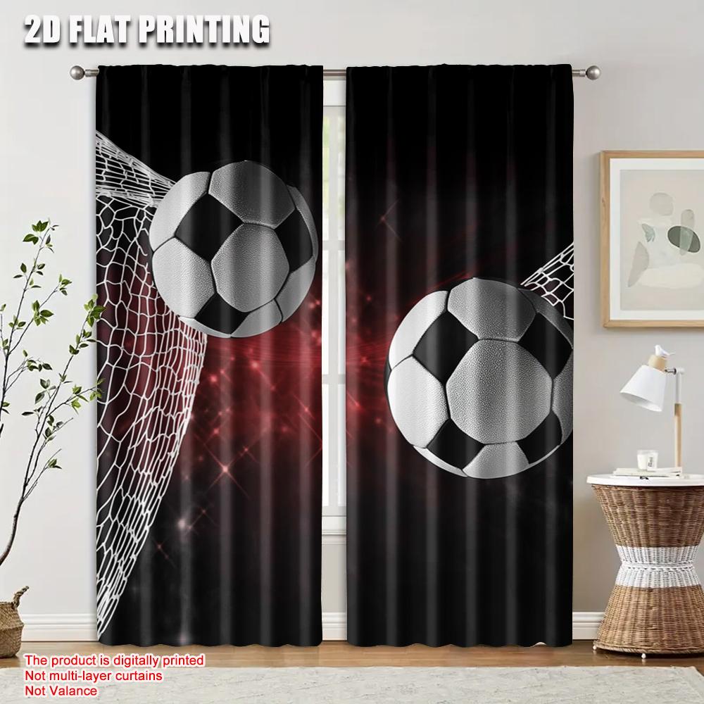 Flat Printing Curtains Soccer Balls Goal Net Image Polyester Without Electricity Versatile Use Holiday Family Set Of 2 Made