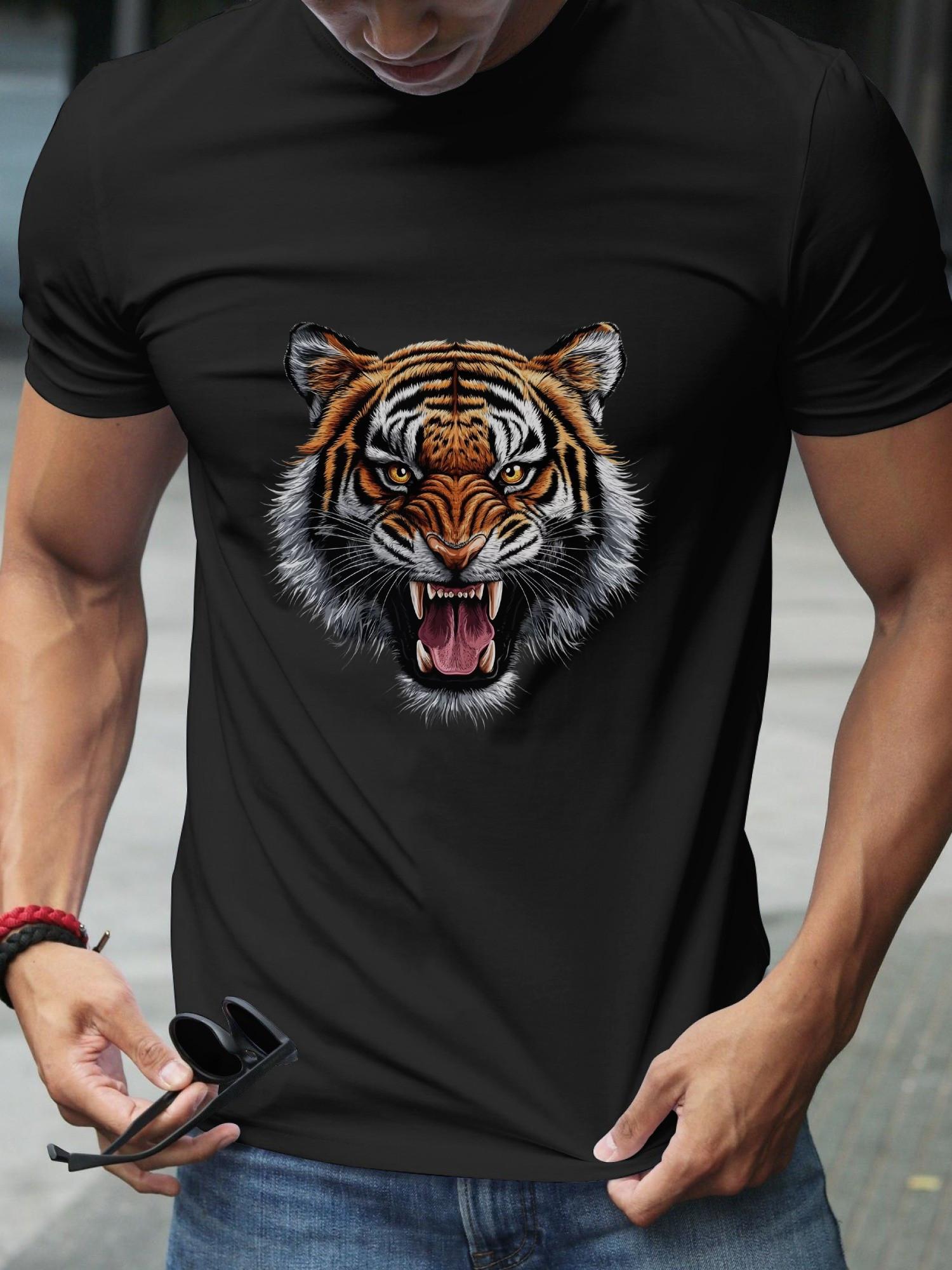 Fierce Tiger Graphic Black T-shirt - 180g Cotton Crew Neck Short Sleeve XXL