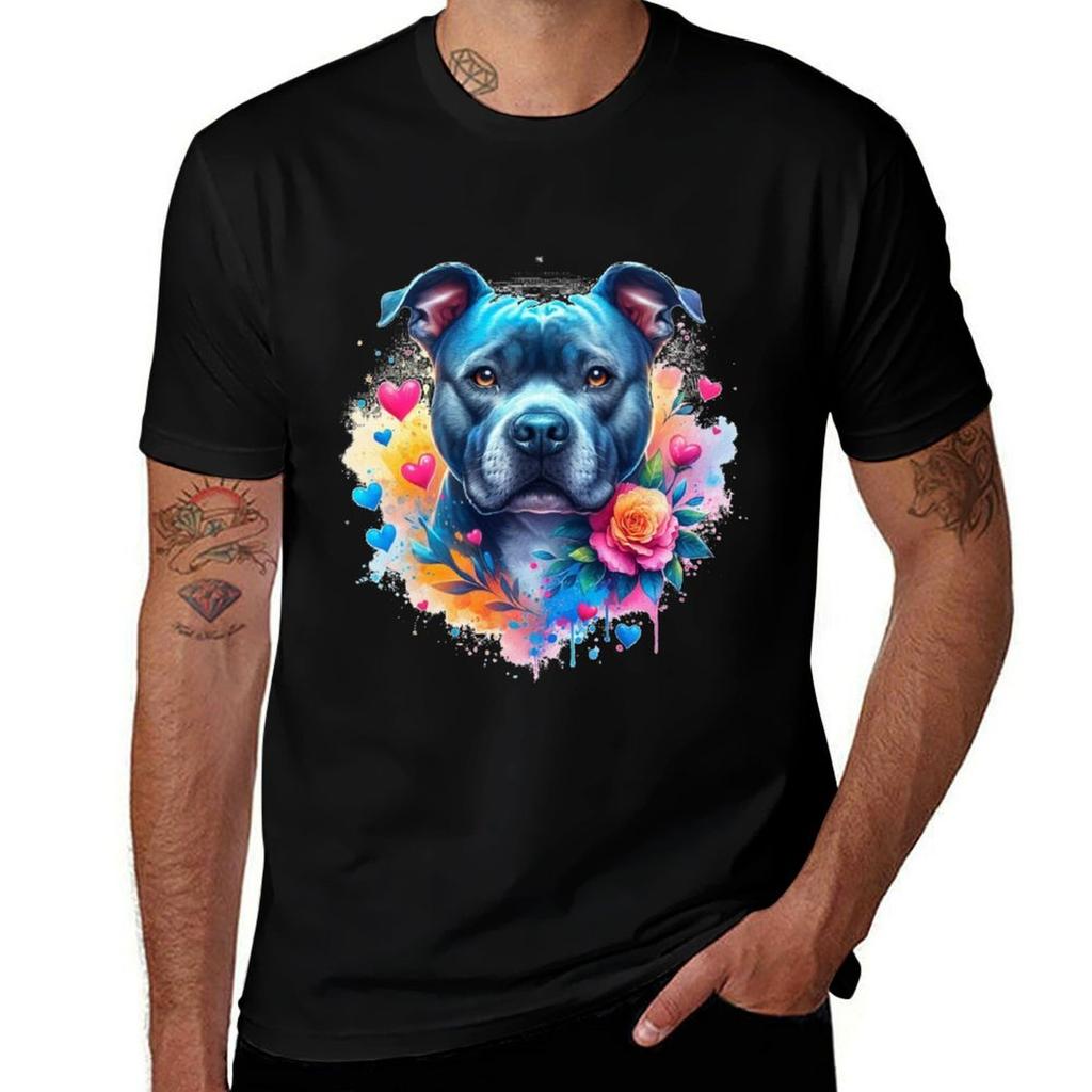 Blue Staffy Watercolor Portrait With Hearts And Flowers Tshirt T Shirt Unisex Cotton Funny T Shirts Dark Humor Tshirt