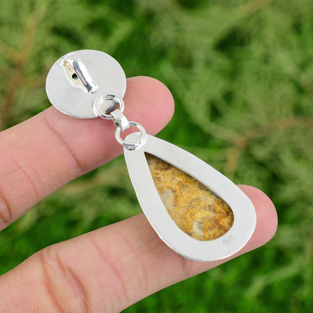 Natural Fossil Coral Swiss Blue Topaz Sterling Silver Mermaid Pendant Jewelry