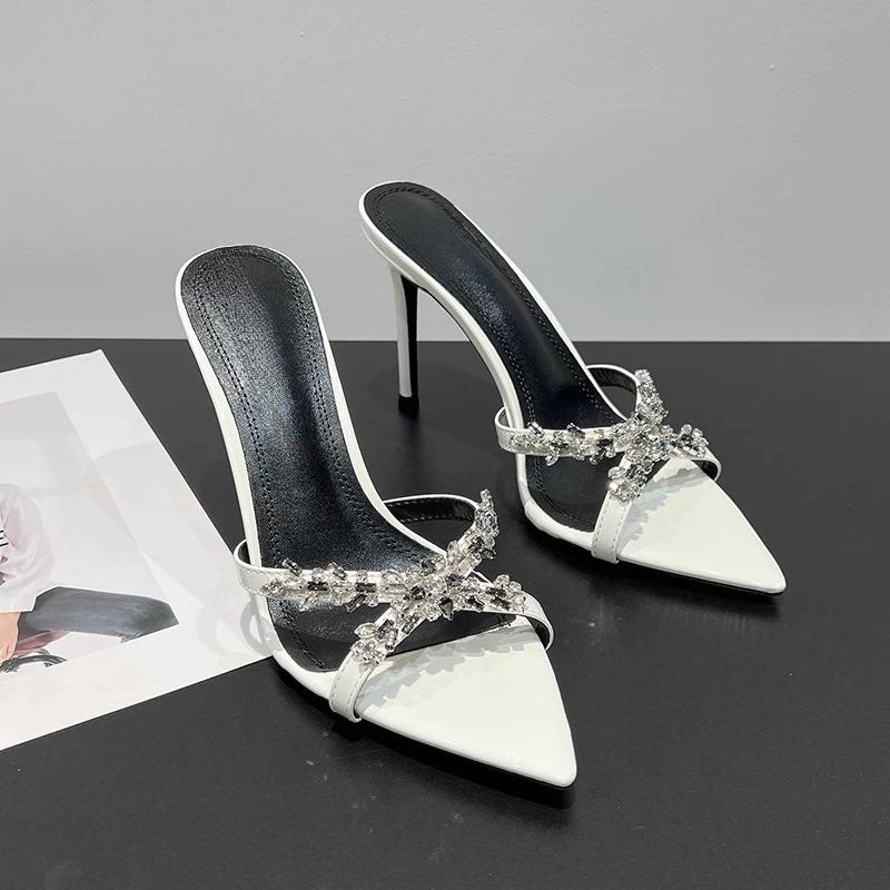 Fashion Rhinestone Sandals Women Summer New Pointed Toe Open Toe Patent Leather Cross Strap One Strap Stiletto Heel High Heel Half Drag