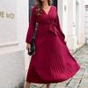 Damen Langarm Maxi Kleid Herbst Winter V-Ausschnitt Schnürung Einfarbig Plissiertes Temperament Größen S bis XXXL