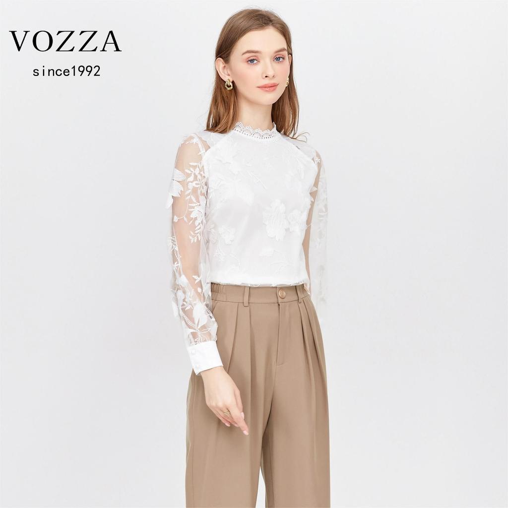 VOZZA Lace Long Sleeve Top with Embroidered Puff Sheer Floral Band Perfect for and Parties Women's See-Through Blouse/Shirt, Sleeves, Print, Stand-Up