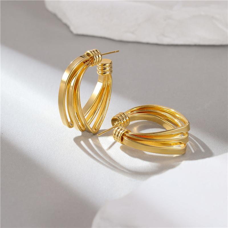 Three-layers Hollow C-shaped Women's Drop Earrings Gold Color Curved Metal Dangle Earrings Silver Color Geometry Ear Jewelry