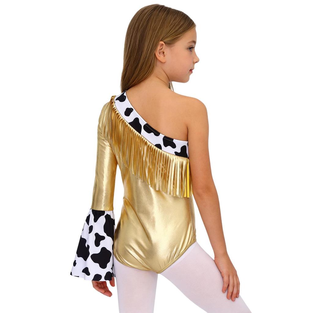 Costume Cowgirl pour Filles Manches Longues Évasées à Gauche Combinaison Métallique Patchwork à Franges Boutons Pression
