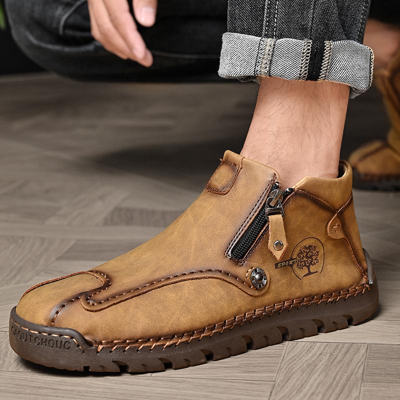 Spring Leather Men Short Boots Autumn Lace up Flats Medium top Shoes Outdoor Male Breathable Casual Shoes Handmade Mens Boots