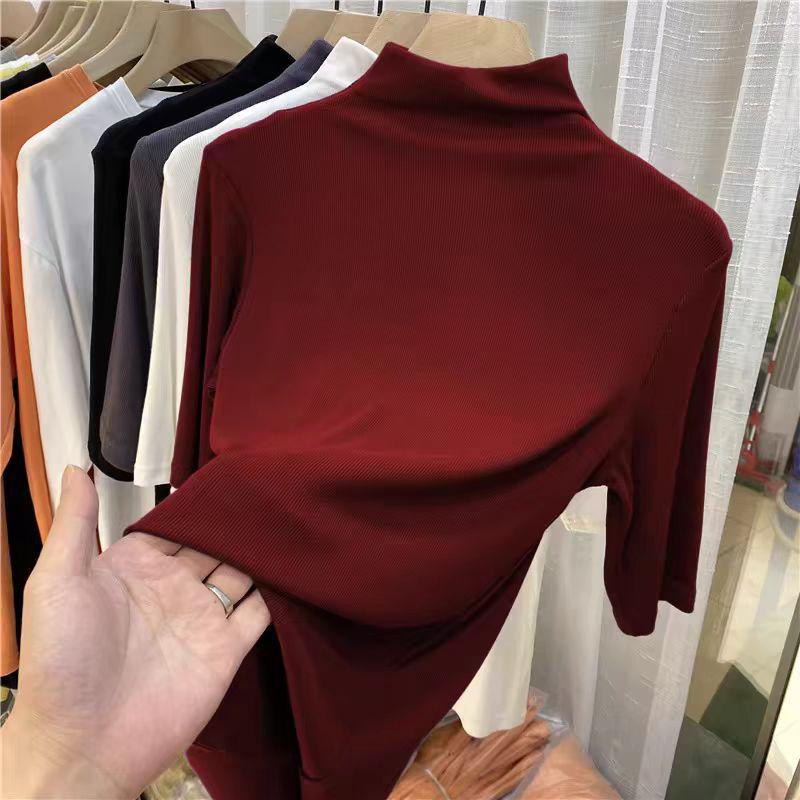 

Korean Style Slim Fit Semi-High Neck Solid Color T-Shirt for Women - Autumn/Winter 2024 M