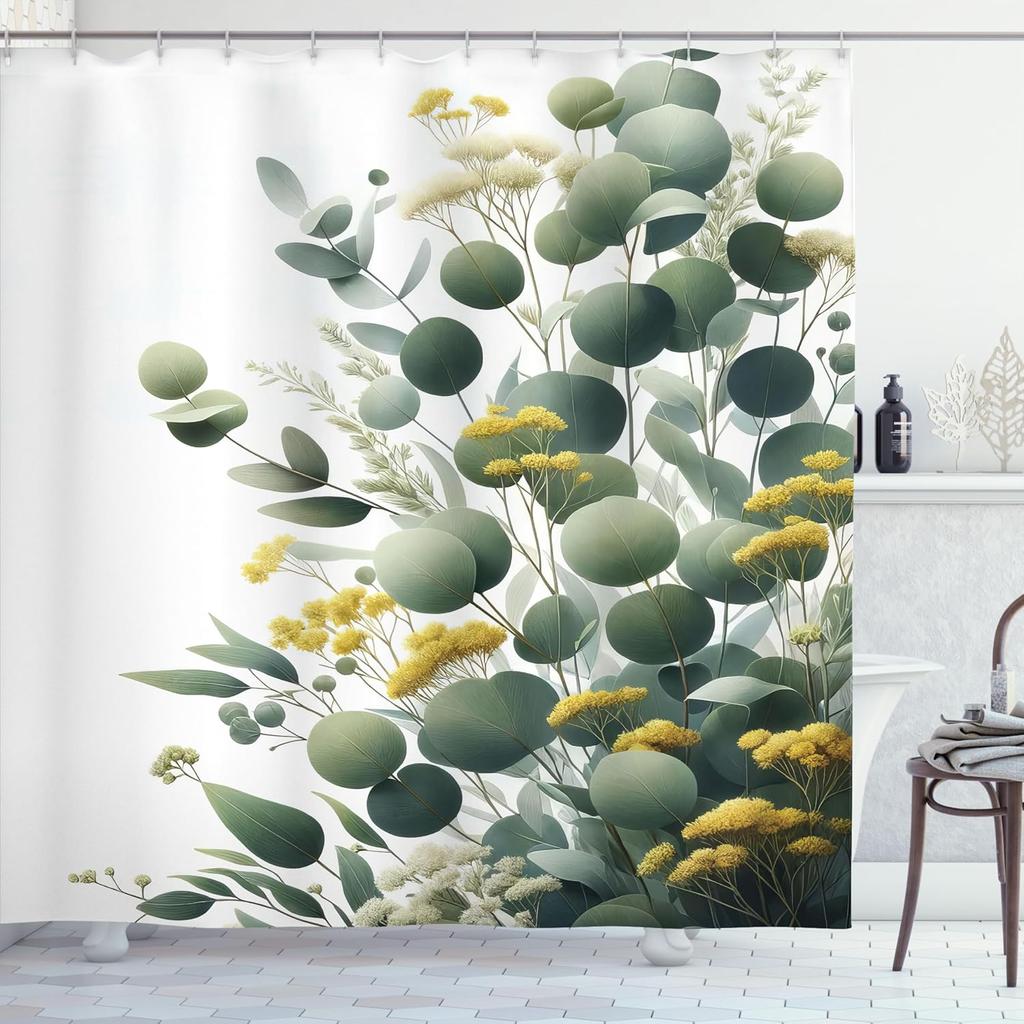 Eucalyptus Leaves Shower Curtain, Rounded Fall Leaf Pattern Branches And Meadow Wind Print, Cloth Fabric Bathroom Deco