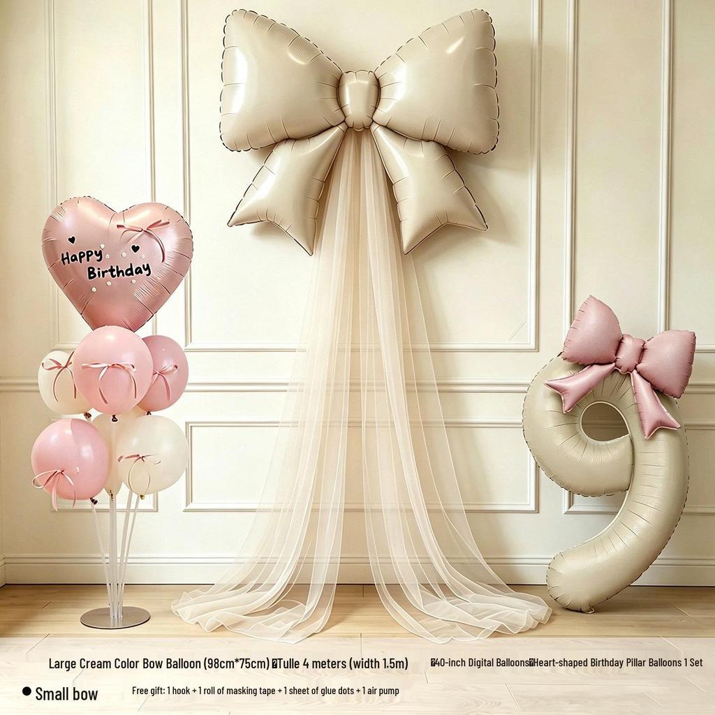 Girls' 5th & 6th Birthday Decor Set with Bow, Net Yarn, and Balloons for a Festive Photo Atmosphere